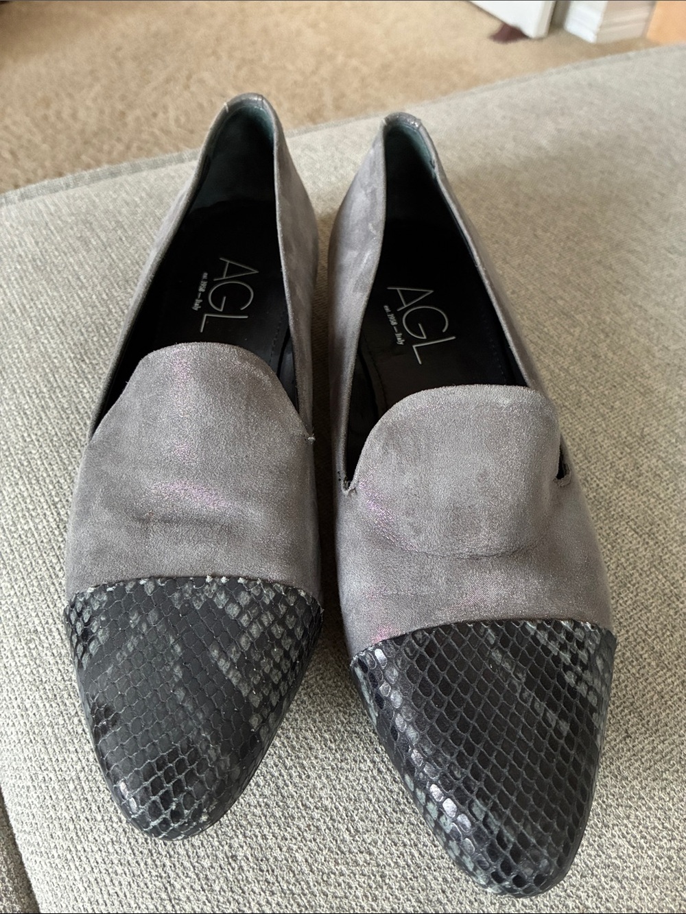AGL Gray Suede Loafers with Black Snakeskin Toe Cap